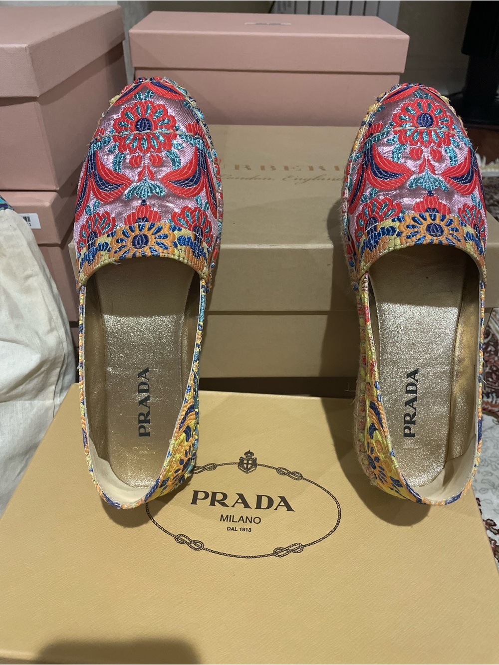 Prada Multicolor Embroidered Slip-On Flats — Red, Blue, Yellow
